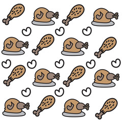 colorful chicken doodle illustration pattern with heart on white background