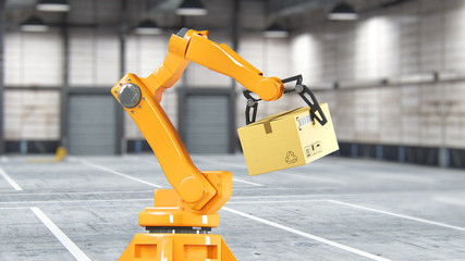 Carton boxes set and special transportation robot and hydraulic machine with mechanic arm using for packing, isolated on white  illustration