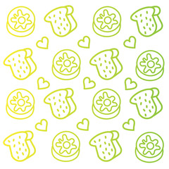 gradient bread and donuts doodle illustration pattern with heart on white background