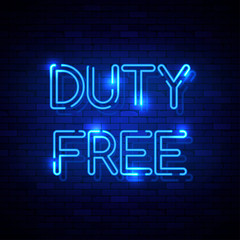 Duty Free neon sign on the brick wall. Vector Illustration