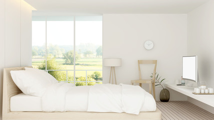 The interior minimal hotel bedroom 3d rendering and nature view background