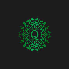 Vector logo design template and emblem made with leaves and letter q eco flowers