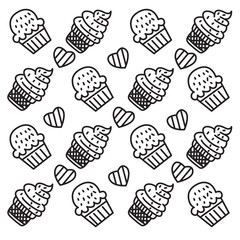 ice cream cup doodle illustration pattern with heart on white background