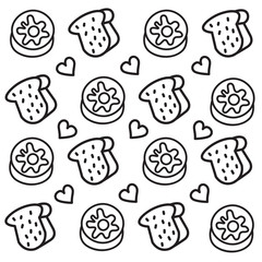 bread and donuts doodle illustration pattern with heart on white background