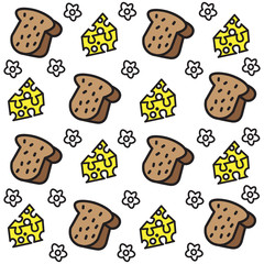 colorful bread and cheese doodle illustration pattern with flower on white background