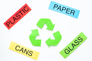 Matherials suitable for recycle near green recycle eco symbol. Words paper, glass, plastic, cans on white background top view