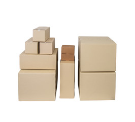 Cardboard Boxes in different sizes stacked boxes isolated on white backgrouns