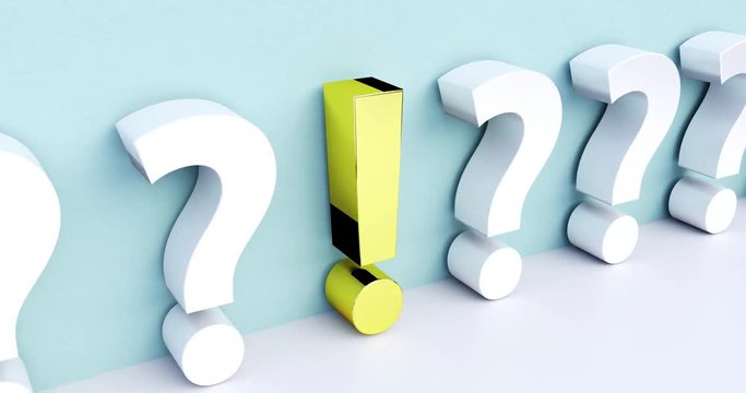 The answer to a question. concept. A golden exclamation point is in the focus.