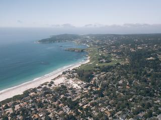 Fototapeta premium Aerial Drone Flight Top Down Carmel Highway 1 California Drive 