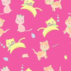 Seamless pattern of happy little cat in different acting in pink color background.Cute character design. Cartoon vector illustration.Using as background or wallpaper  