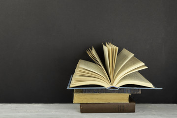 Vintage old hardback books, fanned pages on red background. Back to school. Copy Space. Education background.