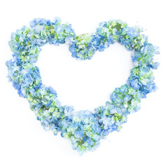 Love symbol of hydrangea flowers on white background. Flat lay, top view. Floral heart