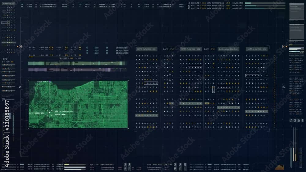 Aufkleber Abstract running numbers code hacking source code and map digital data holographic city buildings and information technology animation for head up display and user interface background
