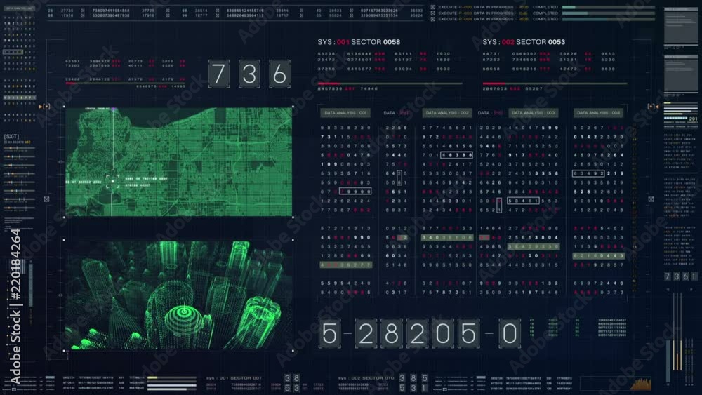 Poster Abstract running numbers code hacking source code and map digital data holographic city buildings and information technology animation for head up display and user interface background