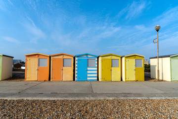Colorful beach huts seen in Seaford, England