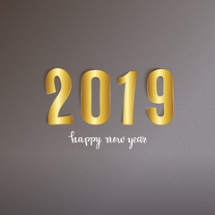 New 2019 year greeting postcard realistic gold paper text, vector illustration