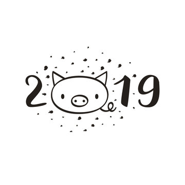 Cute New Year of the pig card, 2019 design, brush pen lettering, vector illustration