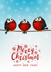 Christmas greeting card with cute bullfinches