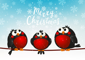 Christmas greeting card with cute bullfinches