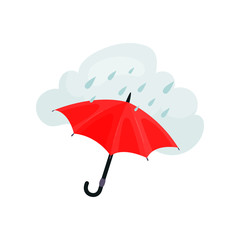 Rain drops and bright red umbrella. Typical London weather. Flat vector for mobile app, postcard or poster