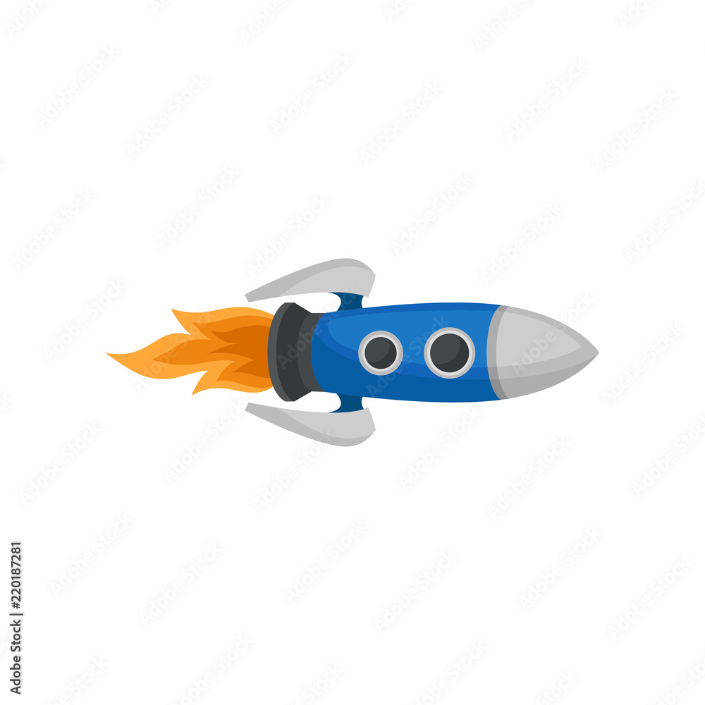 Poster space rocket with engine fire. spacecraft with two round windows. flat vector element for computer o