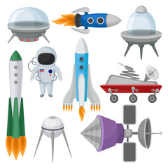Flat vector set of icons related to space theme. Alien saucers, rockets, astronaut in suit, Mars exploration rover and satellites