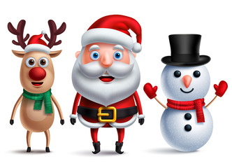 Santa claus vector character with snowman and rudolph the reindeer wearing christmas hats and scarf for christmas elements and design decoration. Vector illustration.
