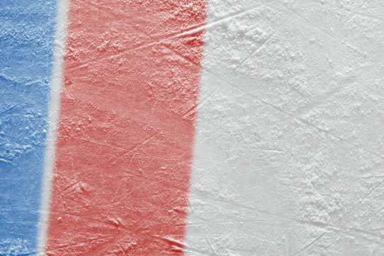 Fragment of the ice arena with a red and blue lines