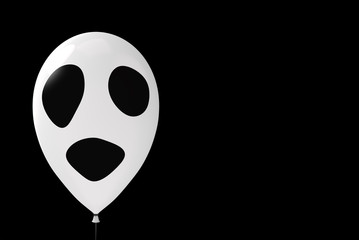 3d rendering. halloween ghost face on a big white balloon with clipping path on copy space black background.