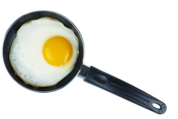 Fried egg in a tiny pan isolated on white background