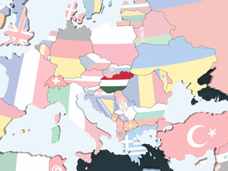 Hungary with flag on globe