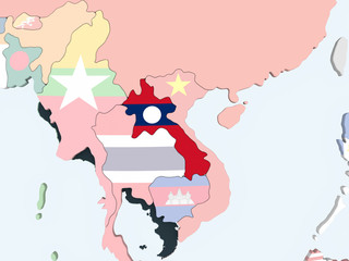 Laos with flag on globe