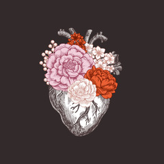 Obraz premium Tattoo anatomy vintage illustration. Floral romantic anatomical heart. illustration