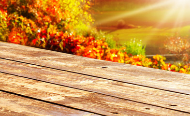 Wooden table in front of colorful autumn leaves in the vineyard