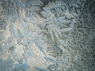 Winter Holidays Season Fantasy World Concept: Macro Image Of A Frosty Window Glass Natural Ice Patterns With Copy Space