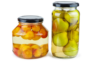 Apricots and pears canned in glass jar isolated on white background