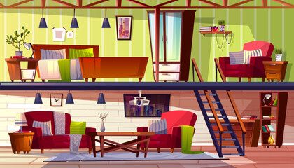 Loft lounge or two storey room interior vector illustration of bedroom and cabinet. Modern cozy spacious apartments with furniture, armchair or blanket on bed, carpet and tv or and computer