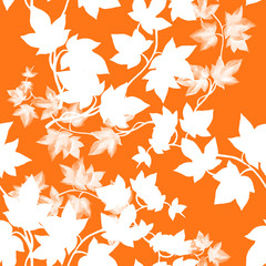 Autumn seamless pattern with ivy branch watercolor in hand drawn sketch style on orange background