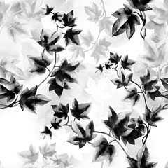 Floral seamless pattern black and white with ivy branch in hand drawn sketch style on white background
