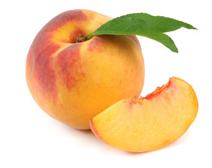 peach fruit with green leaf and slices isolated on white background