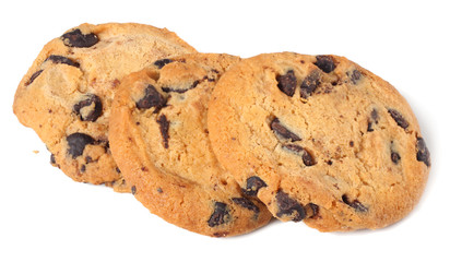 Chocolate chip cookies isolated on white background. Sweet biscuits. Homemade pastry.