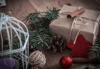 Christmas gift,cinnamon sticks and Christmas decoration
