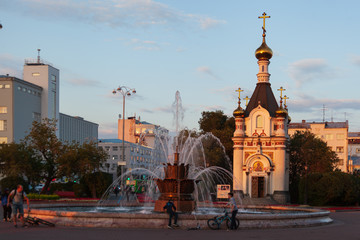 The fountain in the square of labour and the chapel of St. Catherine in Yekaterinburg
