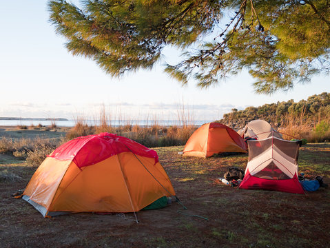 camping with tents near the sea