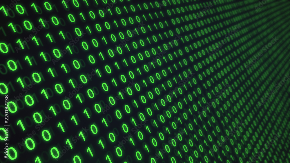 Poster 01 or binary number data on the computer screen isolated on green background, 3d illustration