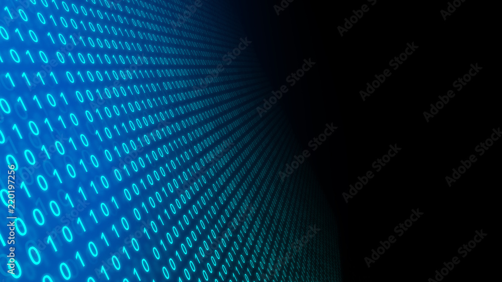 Poster 01 or binary number data on the computer screen on blue background, 3d illustration