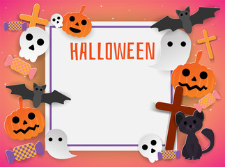 cute halloween cat, bat, skull, ghost,cross, pumpkin, candy and white background