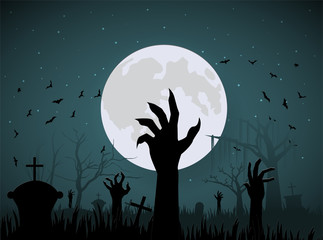 halloween hand zombie from ground on night and big moon