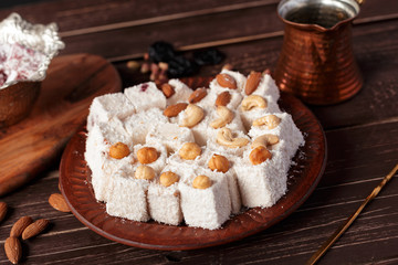 Turkish delight on a wooden table.