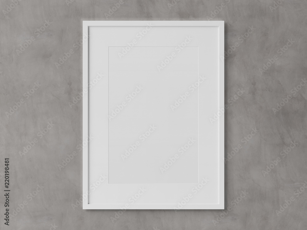 Poster white rectangular vertical frame hanging on a white wall mockup 3d rendering
